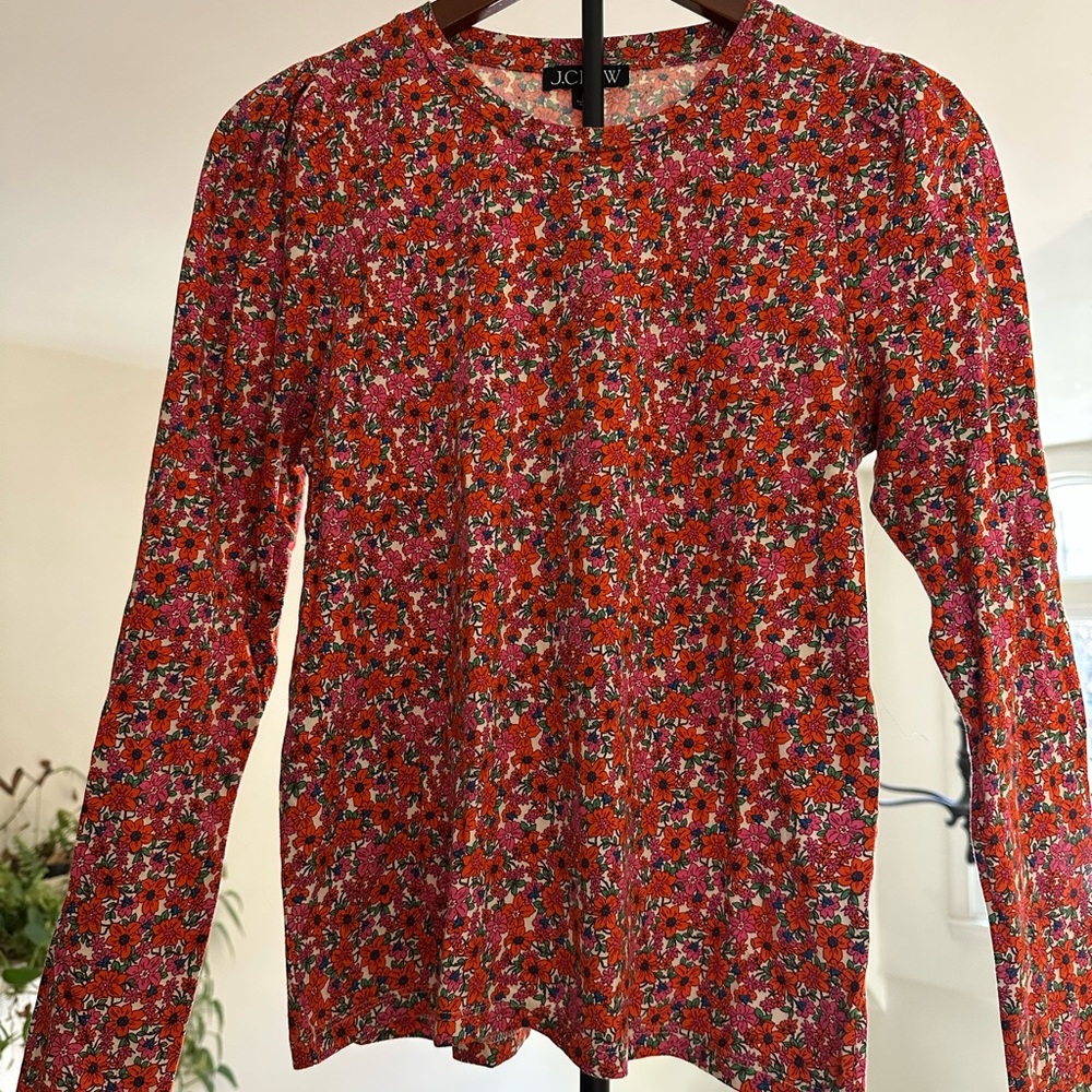 J. Crew Red and Pink Floral Long Sleeve Top